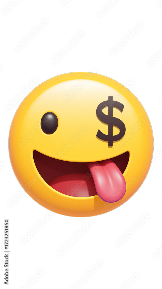Fototapeta premium Yellow Smiley Face with Tongue Out and Dollar Sign, Glossy 3D Realism Icon with Transparent Background