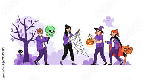 Spooky Halloween Prep: Four people, playfully dressed in Halloween costumes, prepare for the holiday. The scene features a person carrying a glowing skull and a person with a pumpkin decoration.