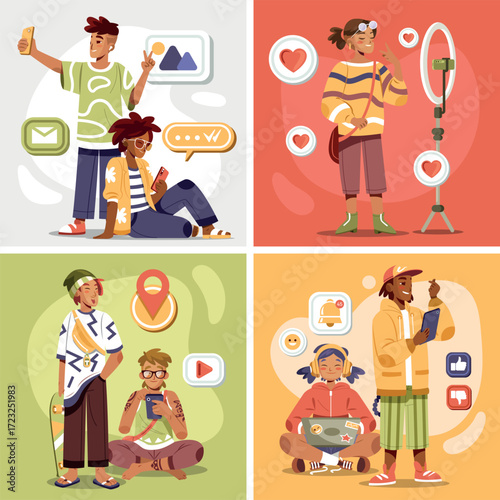 Hand-Drawn Flat Illustrations of Generation Z Culture Square Card Collection