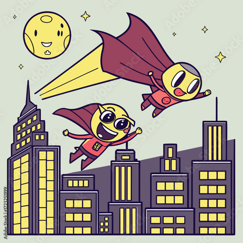 Dynamic superheroes in colorful costumes soar above a futuristic neon lit cityscape representing innovation and heroism in a digital world