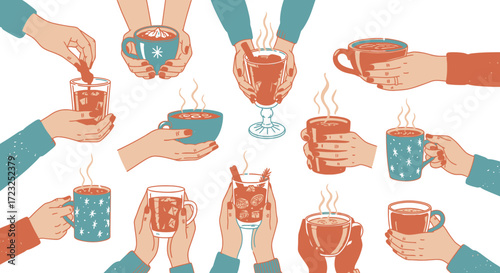 Various hands holding different types of hot beverages, showcasing diverse cups and mugs.