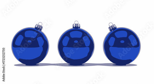 Three identical shiny blue Christmas ornaments arranged in a row against a white background.