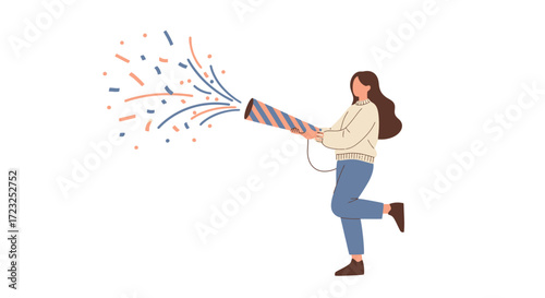 Woman joyfully activates a large party popper, showering colorful confetti.