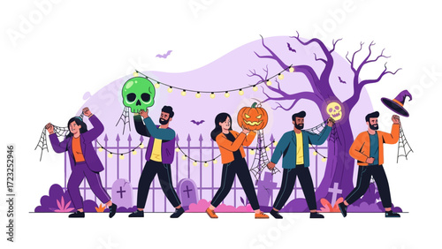 Halloween Gathering: A vibrant illustration capturing a lively Halloween scene with individuals holding festive masks and decorations, against a spooky backdrop. 