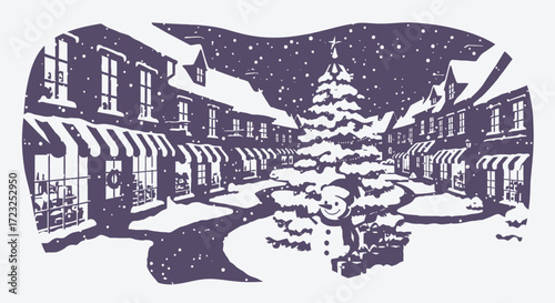 Snowy village square at night, Christmas tree centerpiece, quaint shops, winter scene.