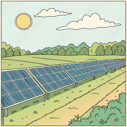 A sunlit field with a long row of solar panels generating clean energy under a bright sky with clouds