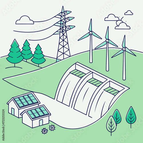 Diverse renewable energy sources including wind turbines solar panels and hydroelectric dam powering homes and industry