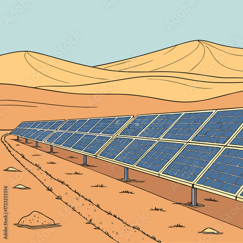 Expansive solar panel array installed in a vast desert landscape under a clear blue sky with rolling sand dunes