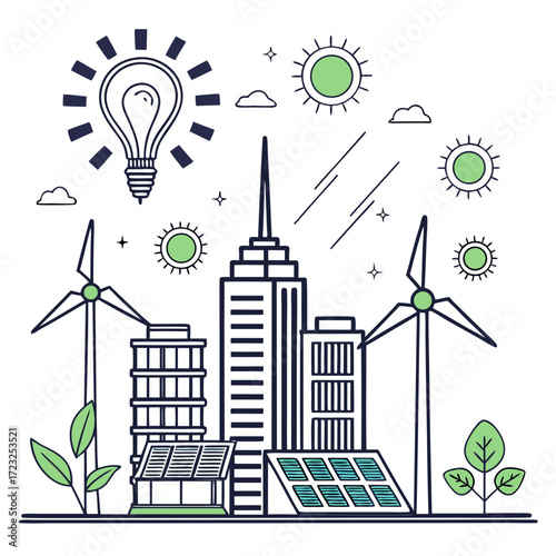 Modern city skyline powered by renewable energy sources like solar panels and wind turbines with a lightbulb symbolizing innovation