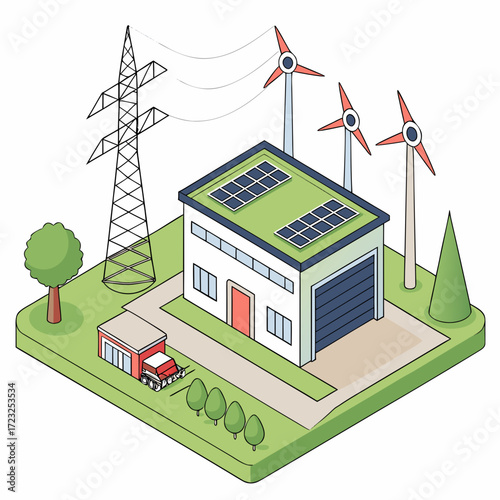 Modern eco friendly building with solar panels and wind turbines connected to power lines and a small service building