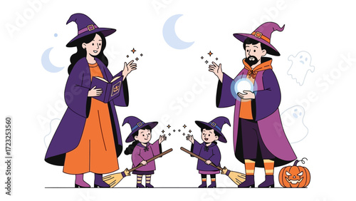 Magical Family: A charming illustration of a family in magical costumes, conjuring spells under the crescent moon, with a pumpkin and ghost in a Halloween scene.