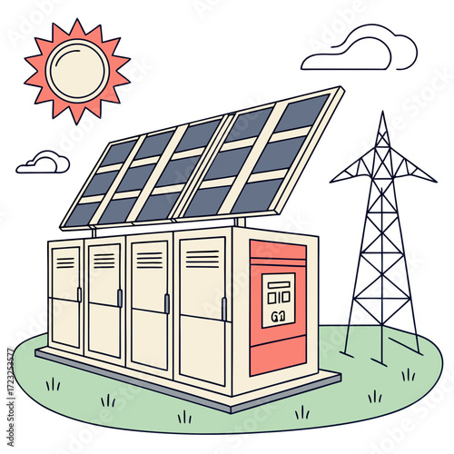 Modern solar power station with photovoltaic panels and electricity pylon in a sunny landscape