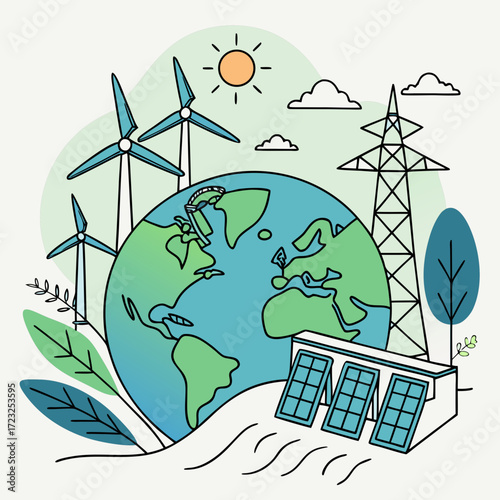 Planet earth powered by renewable energy sources like wind turbines solar panels and electricity pylon