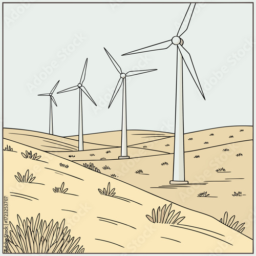 Stylized illustration of a wind farm with multiple turbines standing on rolling hills under a pale sky