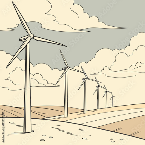 Stylized illustration of a wind farm with multiple turbines generating clean renewable energy on a cloudy day