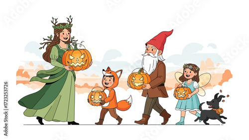 Halloween Parade: A whimsical illustration of a costumed group, including a fairy, gnome, fox and other creatures, happily parading with carved pumpkins, celebrating the festive season.
