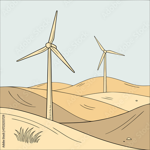 Stylized illustration of two wind turbines standing on rolling hills under a pale blue sky