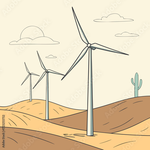 Stylized illustration of wind turbines generating clean energy in a desert landscape with rolling hills and a cactus