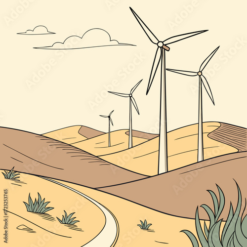 Stylized illustration of wind turbines generating clean energy in a rolling desert landscape with a winding path