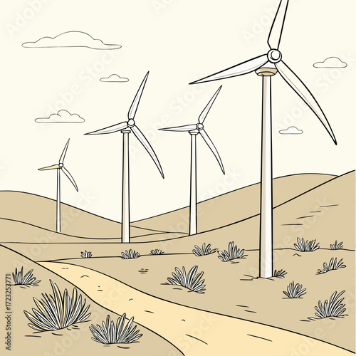 Stylized illustration of wind turbines in a desert landscape with rolling hills and a dirt road
