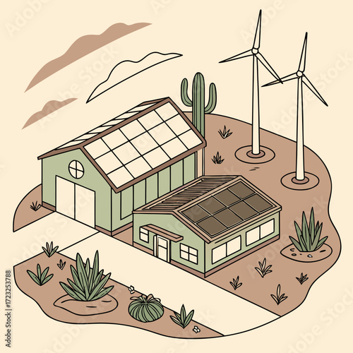 Sustainable desert landscape featuring buildings with solar panels and wind turbines generating clean energy