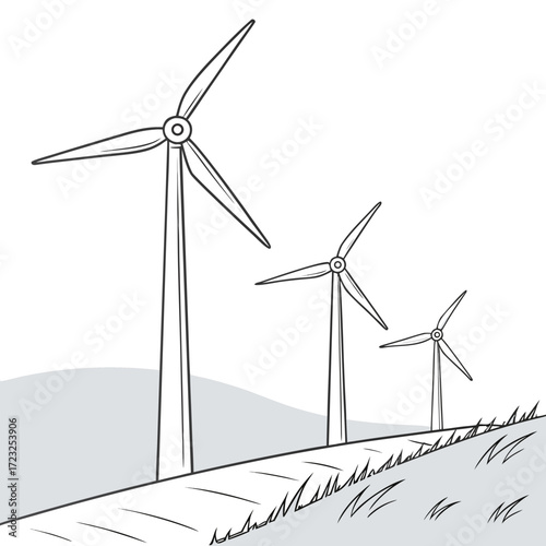 Three wind turbines stand tall on a grassy hill under a clear sky symbolizing renewable energy generation