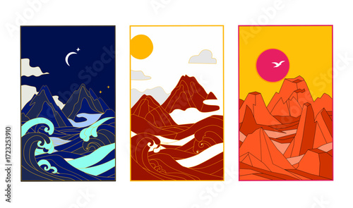A stunning vector triptych capturing the essence of a mountain landscape. The three panels depict the scene at different times: night, dawn, and sunset.