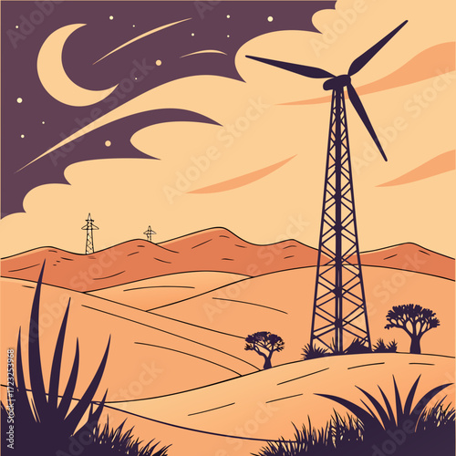 Wind turbine stands tall in a stylized desert landscape under a crescent moon and starry night sky