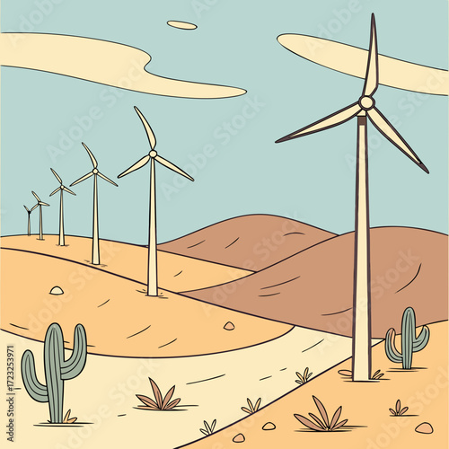 Wind turbines stand tall in a stylized desert landscape with rolling hills and cacti under a pale blue sky