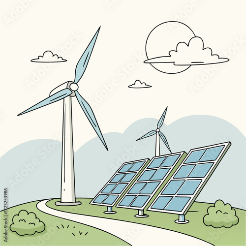 Whimsical cartoon illustration of a sunny landscape featuring wind turbines and solar panels generating clean energy