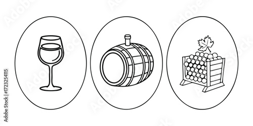 Set of icons wine glass, barrel, and wine rack with bottles