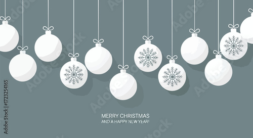 Elegant Christmas background featuring minimalist white ornaments and snowflakes hanging against a muted grey backdrop for festive holiday cheer