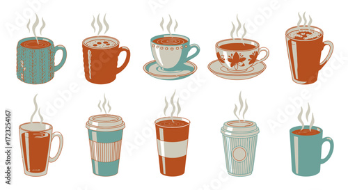 Various types of hot beverages in stylized cups and mugs, showcasing different designs and sizes.