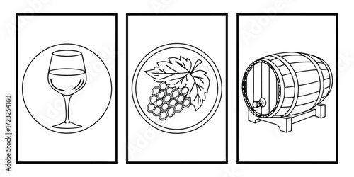 Wine glass, grapes, and barrel icons in a vertical layout