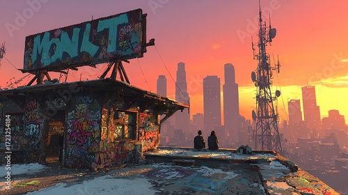 Couple Watching Sunset From Graffiti Covered Building Overlooking City Skyline