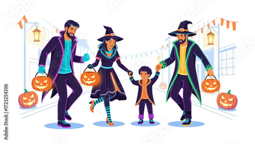 Halloween Family Fun: A lively family dressed in vibrant costumes. The children joyfully carry glowing pumpkin lanterns, all set against a backdrop of spooky street decorations.