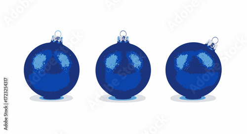 Three glossy blue Christmas ornaments, various angles, festive decoration.
