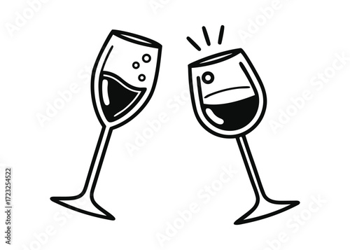 Two wine glasses clinking together in a toast, black and white line art