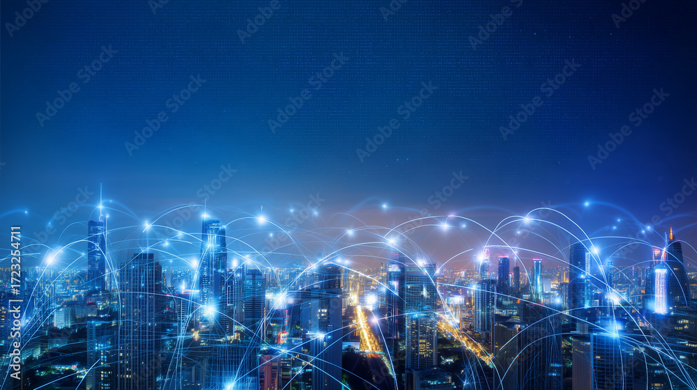 Obraz premium Smart City Skyline with Global Data Connections