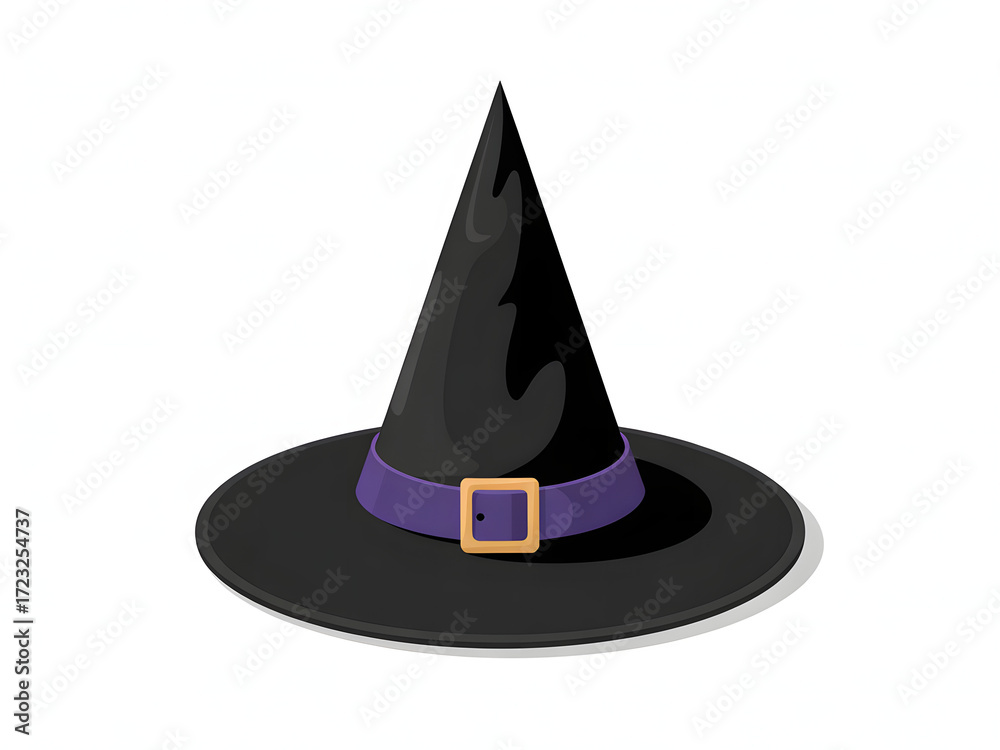 Fototapeta premium A black witch hat with a purple band and a gold buckle on a white background in a cartoon style abstract wallpaper