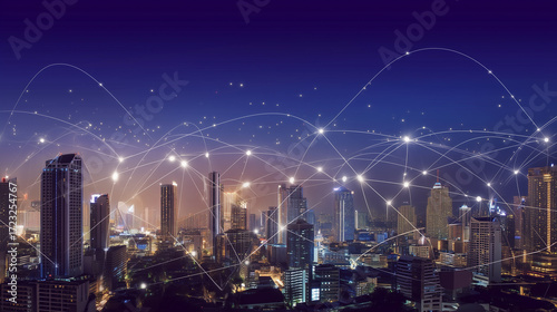 Smart City at Night with Digital Network Lines