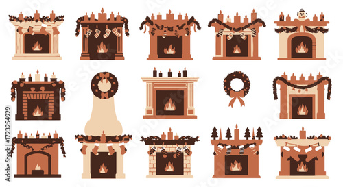 A collection of charming, festively decorated fireplaces for Christmas.