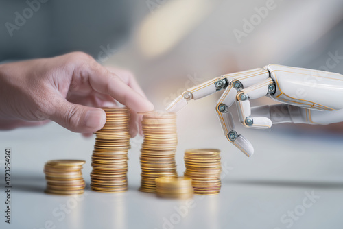 Human and Robot Hands Stacking Coins — Future of Finance