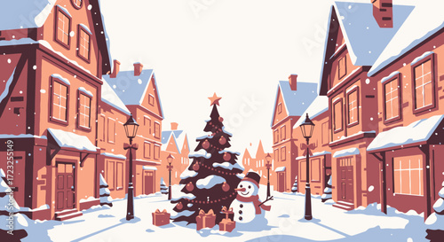 Snowy Christmas village street scene with decorated tree and snowman.
