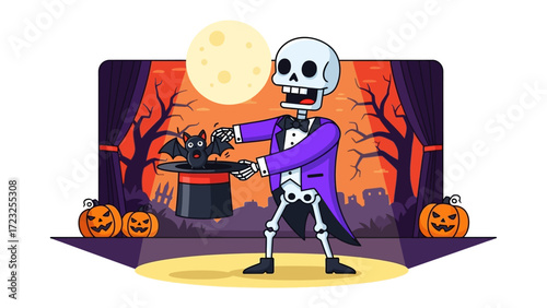 Halloween Magic: A skeletal magician conjures a playful bat from a top hat, under the gaze of a full moon, creating a scene of spooky delight and festive enchantment.