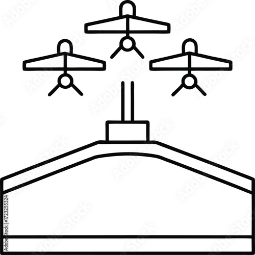 rooftop helipad with drones line art illustration on transparent