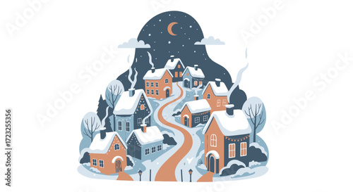 Quaint snow-covered village at night, winding road, cozy houses, winter scene.
