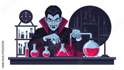 Sinister Science: An Illustrative Depiction of a vampire character engaged in brewing a concoction in a laboratory, creating a sense of the spooky elements of a horror.