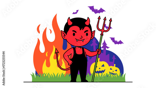 Halloween Mischief: A mischievous cartoon devil, complete with horns and a trident, stands amidst a playful Halloween scene with pumpkins, bats, and a backdrop of fire