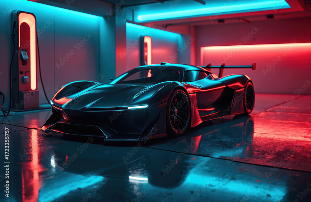 Naklejka premium Futuristic electric car in neon garage. Sleek design auto charges on station, reflecting red blue light on wet floor. Eco friendly vehicle of future generation.